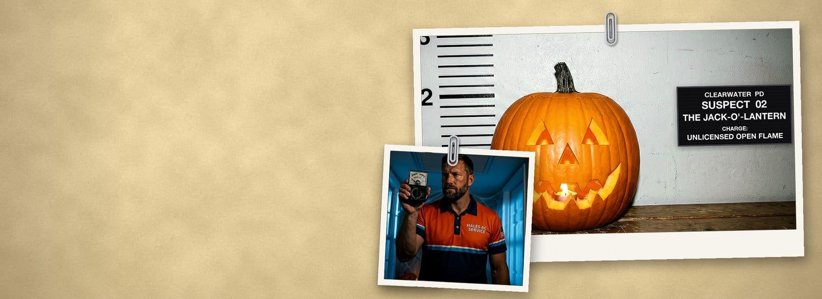 Case-file collage on a manila folder: an evidence photo of a jack-o'-lantern in a police lineup with a CLEARWATER PD SUSPECT 02 card, and a photo of a Hales AC technician holding a meter under a return-air vent.