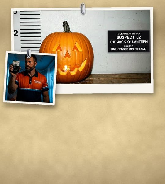 Manila case-file collage: a jack-o'-lantern in a police lineup, and a Hales AC technician holding a meter under a return-air vent.