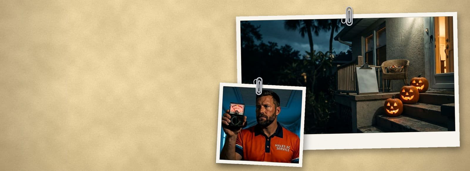 Case-file collage on a manila folder: an evidence photo of a Florida front porch on Halloween night with glowing jack-o'-lanterns and a clipboard, and a Hales AC technician holding up a meter.