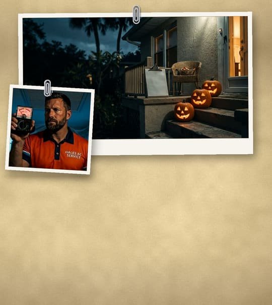Manila case-file collage: a Halloween porch with glowing jack-o'-lanterns, and a Hales AC technician holding up a meter.