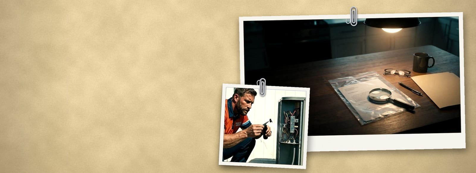 Case-file collage on a manila folder: an evidence photo of another company's AC quote sealed in a plastic evidence bag under a magnifying glass, and a Hales AC technician inspecting an outdoor unit's wiring.
