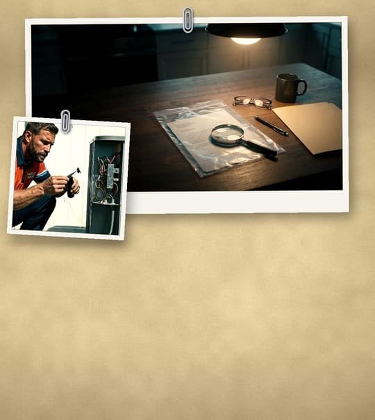 Manila case-file collage: an AC quote in an evidence bag under a magnifying glass, and a Hales AC technician inspecting an outdoor unit.