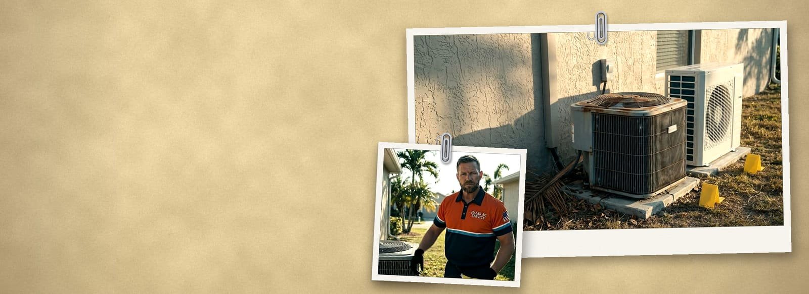 Case-file collage on a manila folder: an evidence photo of a rusty, sun-faded AC condenser next to a new unit outside a Florida home, and a photo of a Hales AC technician in an orange uniform beside an outdoor unit.