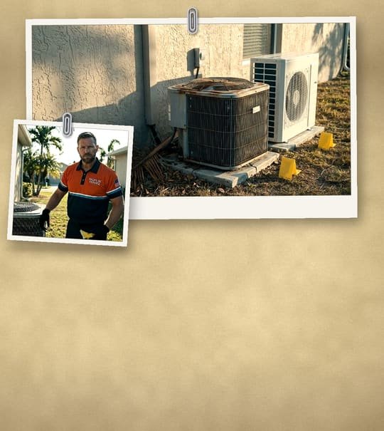 Manila case-file collage: an evidence photo of a rusty old AC condenser next to a new unit, and a Hales AC technician in an orange uniform.