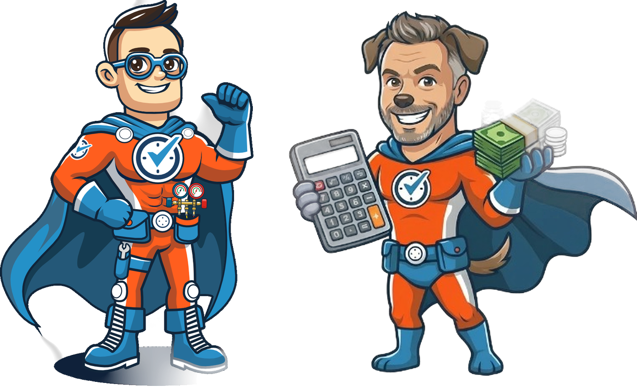 Captain Right Away and Captain Coupon — the owners of Hales AC as home comfort superheroes