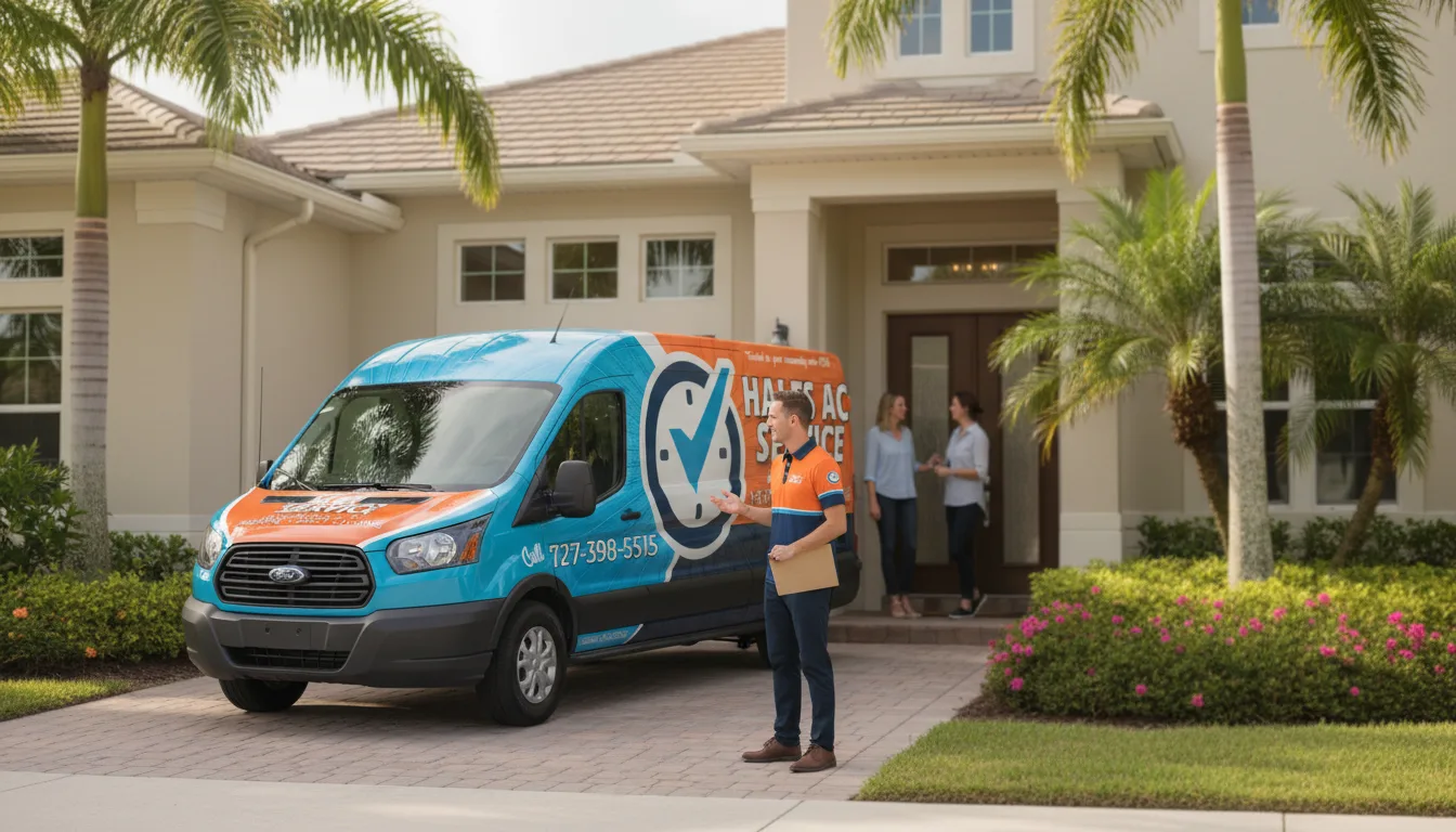 Hales AC technician arriving at a Tampa Bay home for Comfort Club maintenance service