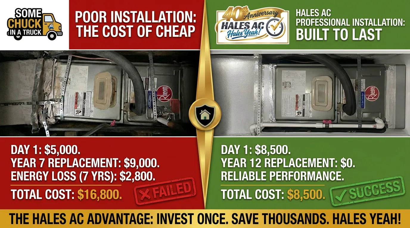 Comparison of a poor HVAC installation versus a professional Hales AC installation in Tampa Bay — a cheap install totals $16,800 over time while professional installation built to last totals $8,500.