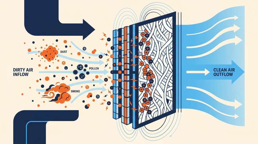 Illustration showing charged particles being captured by polarized media filter fibers
