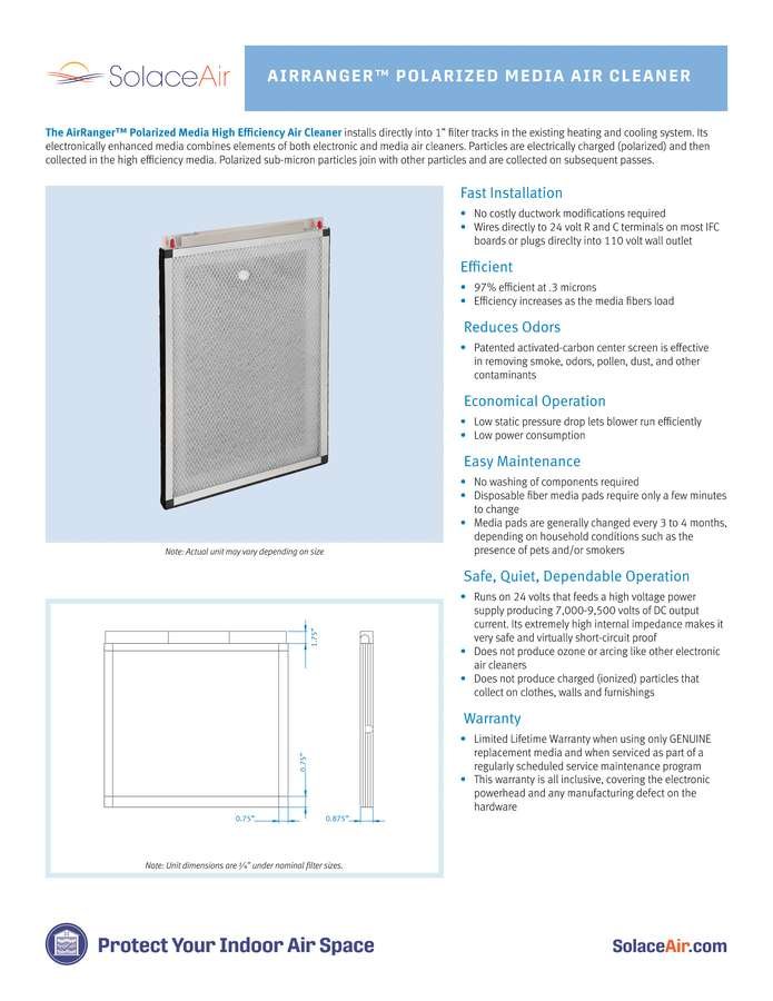 PMAC ElectraGuard manufacturer specification sheet showing filtration efficiency ratings