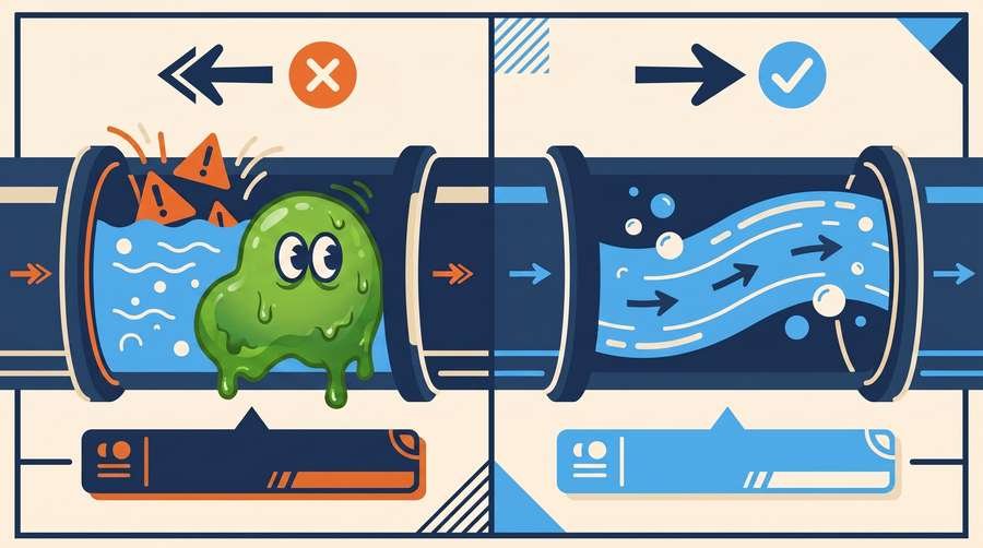 Cutaway illustration of an AC drain line filled with green ZOOGY slime buildup