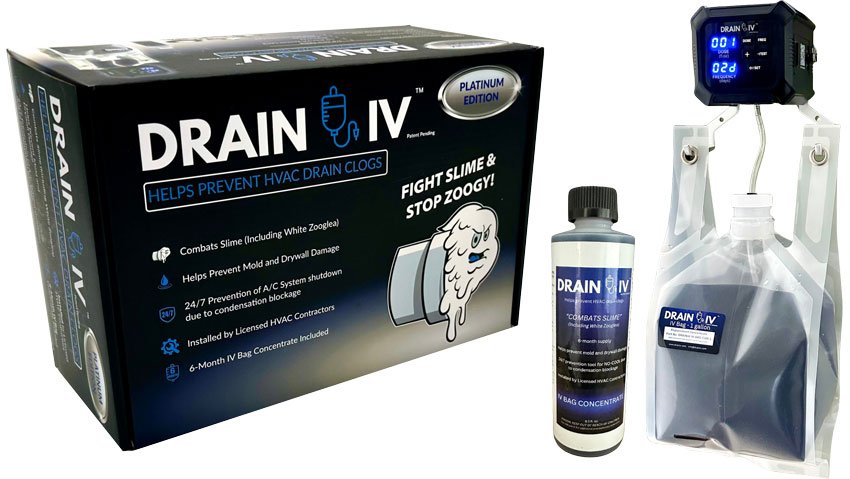 DRAIN IV kit showing the dispenser unit and 12 months of solution