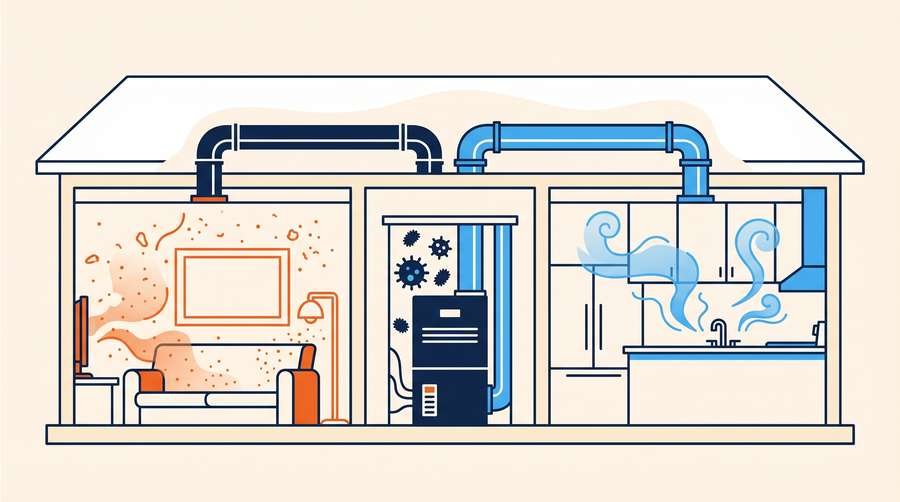Cutaway cross-section of a home showing ductwork running through walls, attic, and ceiling