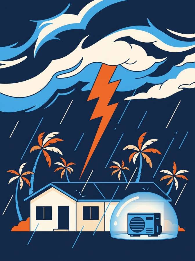 Lightning striking over a Florida home with an outdoor AC unit in the foreground protected by a surge shield