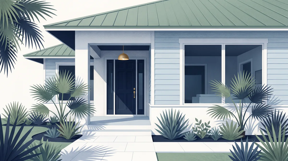 Architectural illustration of a cool, shaded Florida bungalow