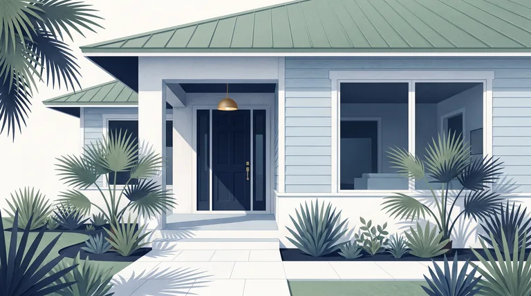 Illustration of a shaded Florida bungalow surrounded by palms.