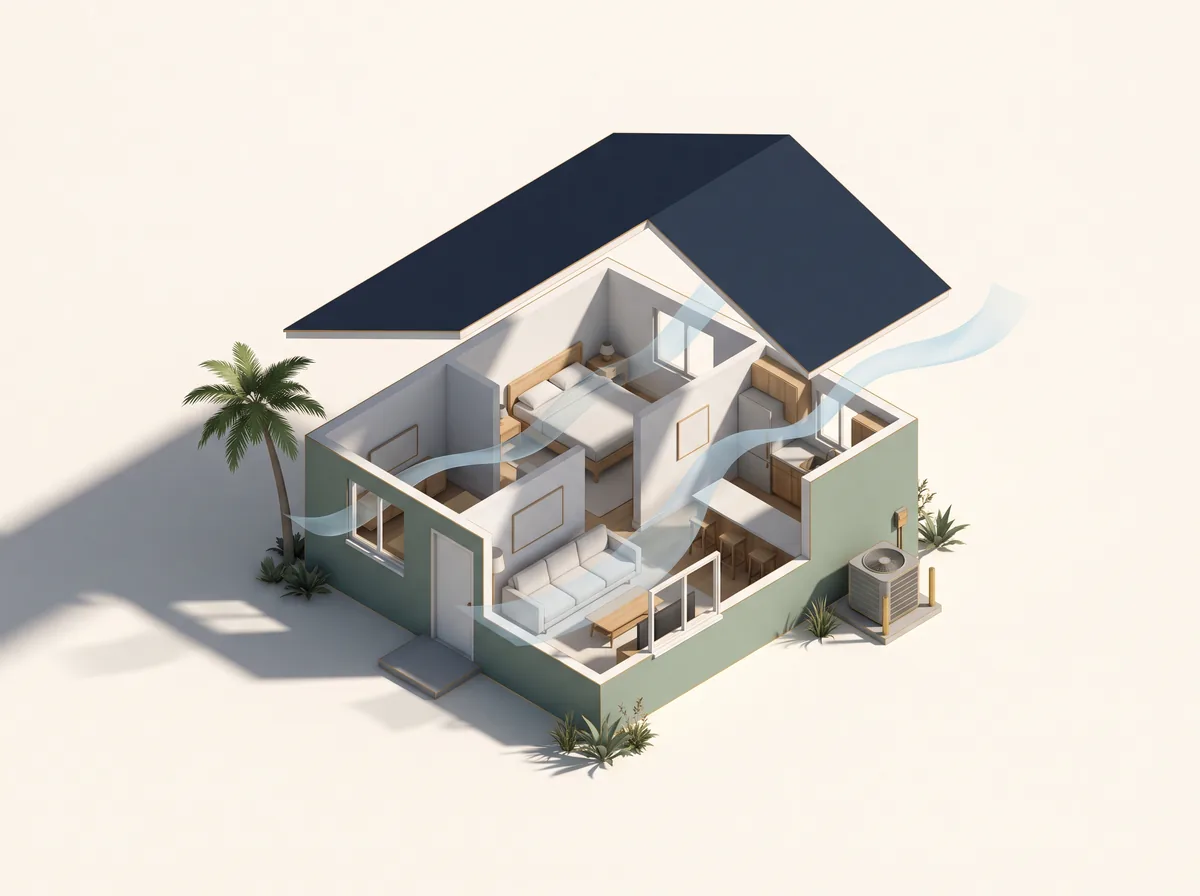 Conceptual cutaway illustration of a home with airflow and an outdoor AC unit